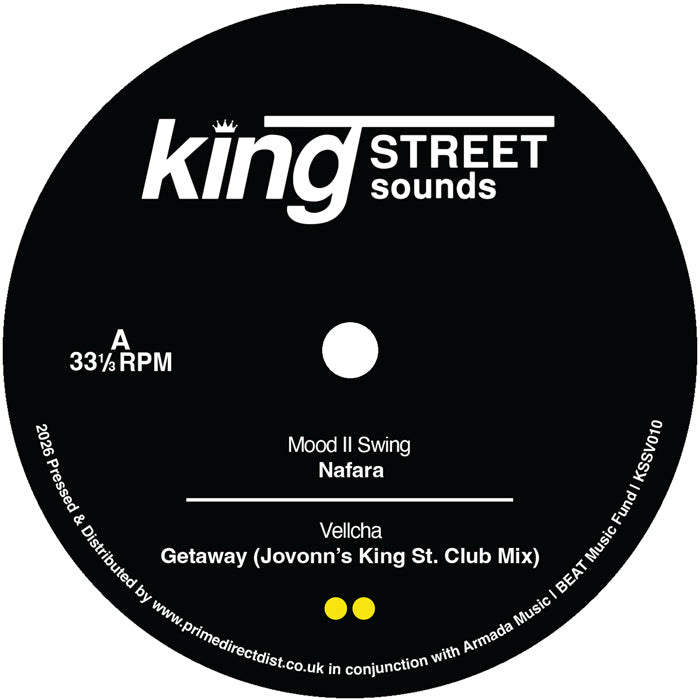Lado A del vinilo Varios Artistas – King Street Sounds Sampler Vol. 7 con sello negro y créditos de Mood II Swing y Vellcha.