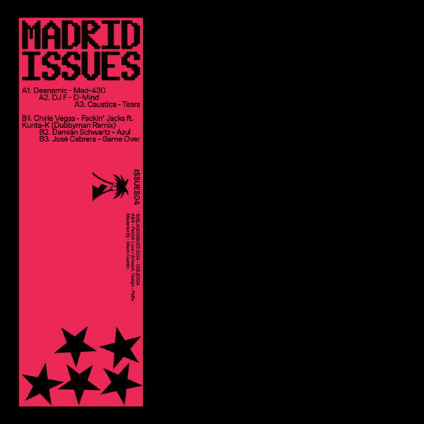 Portada del vinilo V.A. - Madrid Issues, publicado por Island Issues en formato 12". Diseño en rojo y negro con tipografía digital y estrellas. Incluye la lista de canciones.