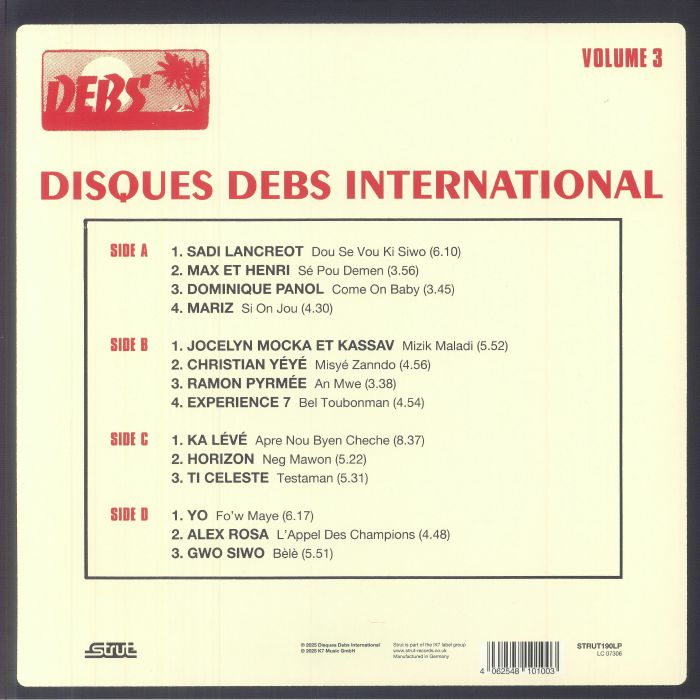 Portada trasera del vinilo V.A. – Mizik Maladi: Disques Debs International Vol. 3 de Strut. Incluye tracklist detallado y créditos del álbum.