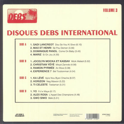 Portada trasera del vinilo V.A. – Mizik Maladi: Disques Debs International Vol. 3 de Strut. Incluye tracklist detallado y créditos del álbum.