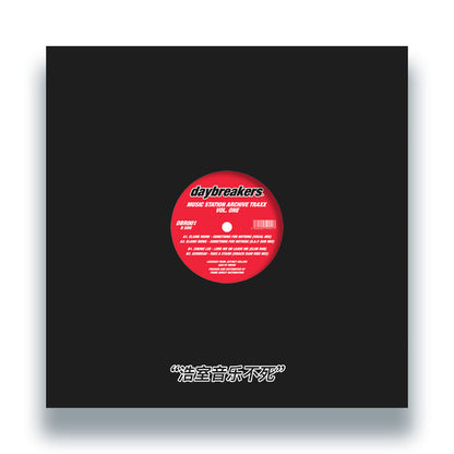 Portada trasera del vinilo de 12" con etiqueta del lado B visible al centro. Varios Artistas – Music Station Archive Traxx Vol. One publicado por Daybreakers.