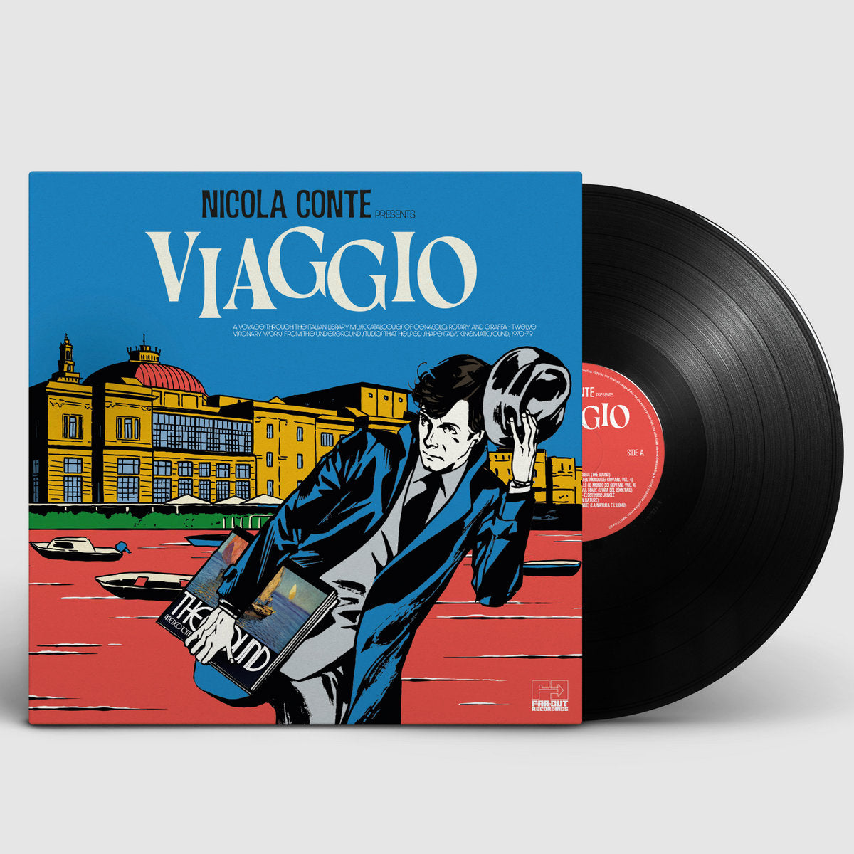 Funda y vinilo Varios Artistas – Nicola Conte Presents Viaggio LP compilación Far Out Recordings, carpeta ilustrada y disco negro con etiqueta roja Side A visible.