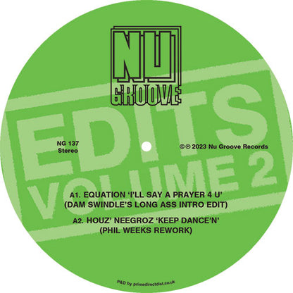 Portada trasera del vinilo con los temas del lado A del disco Varios Artistas – Nu Groove Edits Volume 2 publicado por Nu Groove Records. Texto impreso: incluye edits de Dam Swindle y Phil Weeks.