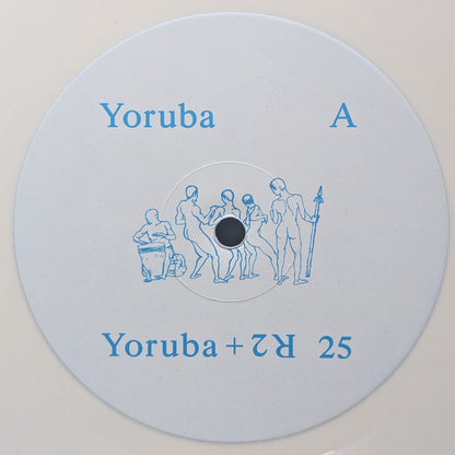 Etiqueta del vinilo Varios Artistas – R2 + Yoruba 25, Yoruba Disc lado A con ilustración tribal y nombres en azul.