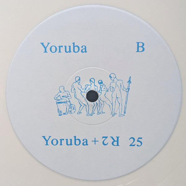Centro del vinilo Varios Artistas – R2 + Yoruba 25, Yoruba Disc lado B con figuras danzantes en azul sobre fondo crema.