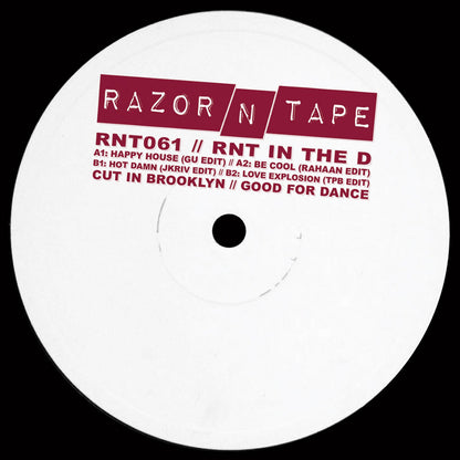 Etiqueta central del vinilo Varios Artistas – RNT In The D con todas las pistas del disco en formato 12", catálogo RNT061 y edits de GU, Rahaan, JKriv y TPB.