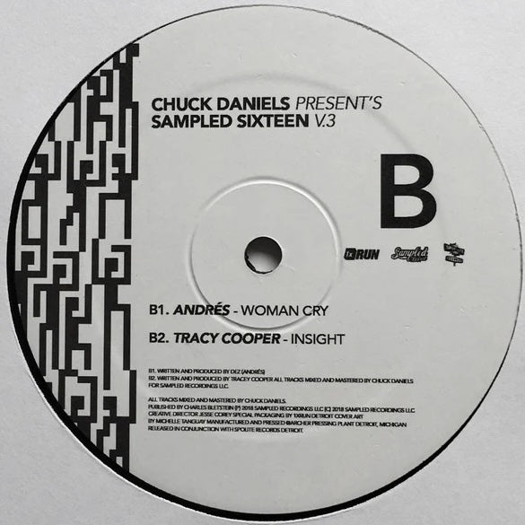 Lado B del vinilo Varios Artistas – Sampled Sixteen V.3: etiqueta blanca con pistas de Andrés y Tracy Cooper.