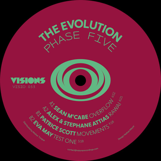 Etiqueta central lado A del vinilo 12" Varios Artistas – The Evolution Phase Five en Visions Recordings con créditos, catálogo VISIO 053 y lista de pistas detallada.