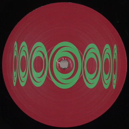 Etiqueta central lado B del vinilo 12" Varios Artistas – The Evolution Phase Five en Visions Recordings con arte geométrico circular verde sobre fondo rojo.