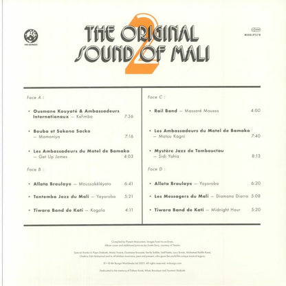 Portada trasera del vinilo Varios Artistas – The Original Sound Of Mali 2 de Mr Bongo. Lista de canciones, créditos y detalles del álbum en diseño limpio.