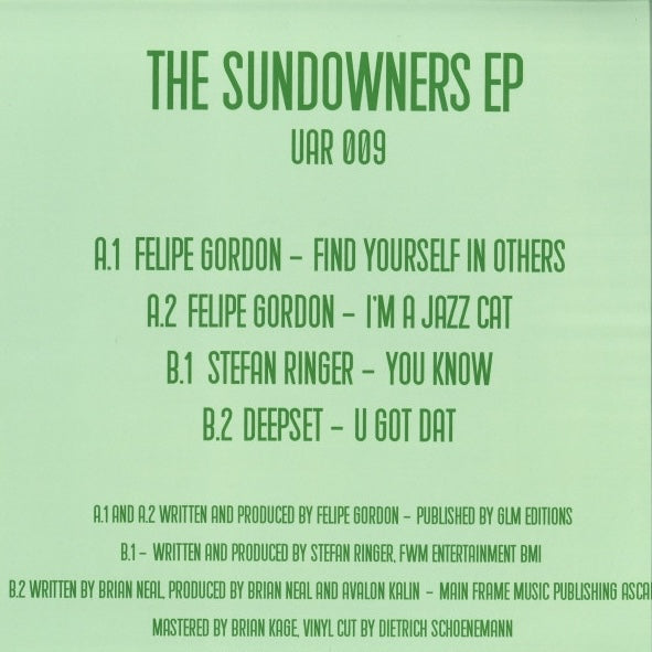 Contraportada del vinilo Varios Artistas – The Sundowners EP con listado de pistas, créditos y sello Upstairs Asylum Recordings.