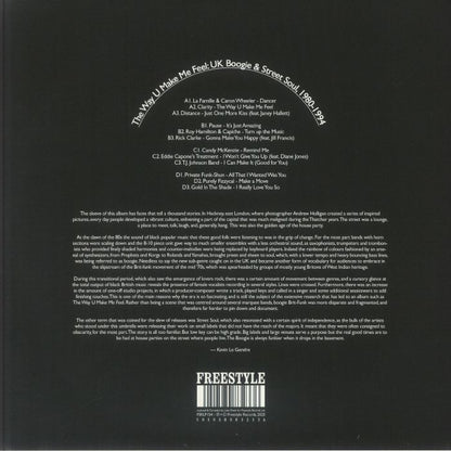 Contraportada del vinilo Varios Artistas – The Way U Make Me Feel: UK Boogie & Street Soul, 1980-1994 de Freestyle Records con créditos, listado de pistas y texto curatorial en diseño circular sobre fondo negro.