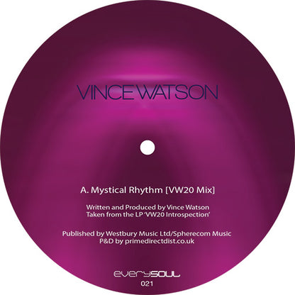 Etiqueta central lado A del vinilo Vince Watson – Mystical Rhythm / Moments In Time en 12", muestra título Mystical Rhythm [VW20 Mix], créditos y catálogo Everysoul 021.