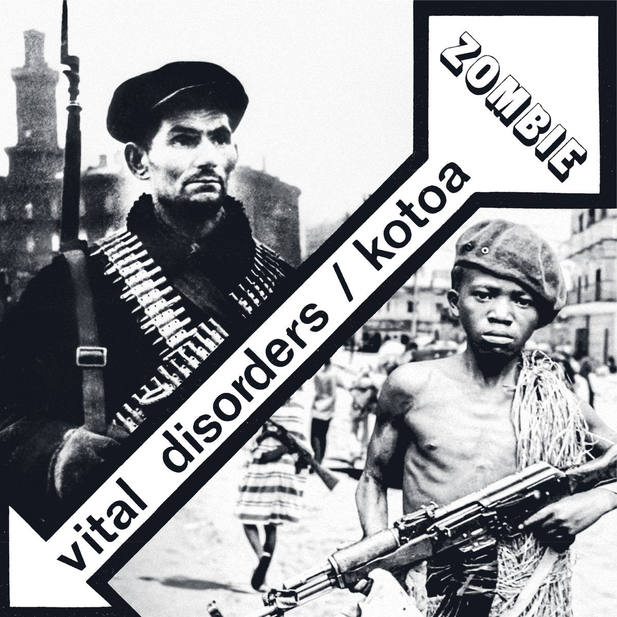Portada del vinilo Vital Disorders & Kotoa – Zombie con su arte en blanco y negro mostrando escenas bélicas y el diseño gráfico en flecha del sello Wah Wah 45s en este 7 pulgadas a 45 RPM.