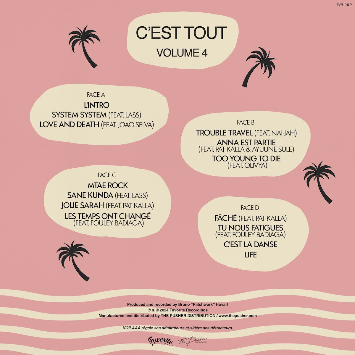 Contraportada del vinilo Voilaaa – C'est Tout en rosa, con tracklist de cuatro caras, créditos y catálogo FVR194LP.