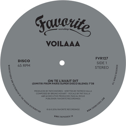 Lado A del vinilo Voilaaa – On Te L’Avait Dit / Spies Are Watching Me (Remixes), etiqueta gris con pista y catálogo FVR127.