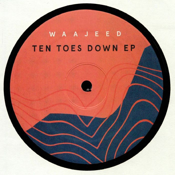 Etiqueta central del lado A del vinilo Waajeed – Ten Toes Down EP, 12” EP de Dirt Tech Reck, diseño abstracto naranja y azul con título.