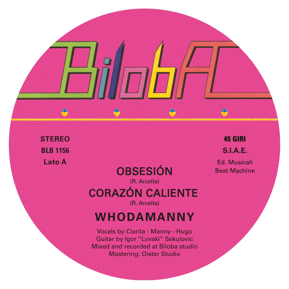 Lado A del vinilo Whodamanny – Obsesión / Corazón Caliente, con etiqueta rosa de Biloba, canciones y créditos.