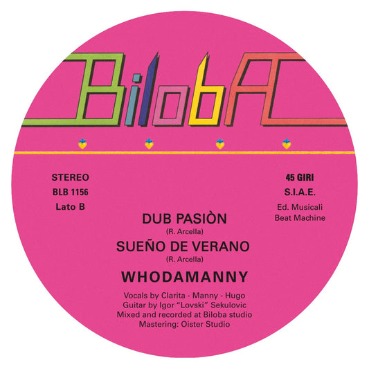Lado B del vinilo Whodamanny – Obsesión / Corazón Caliente, con etiqueta rosa, versiones y créditos de estudio.