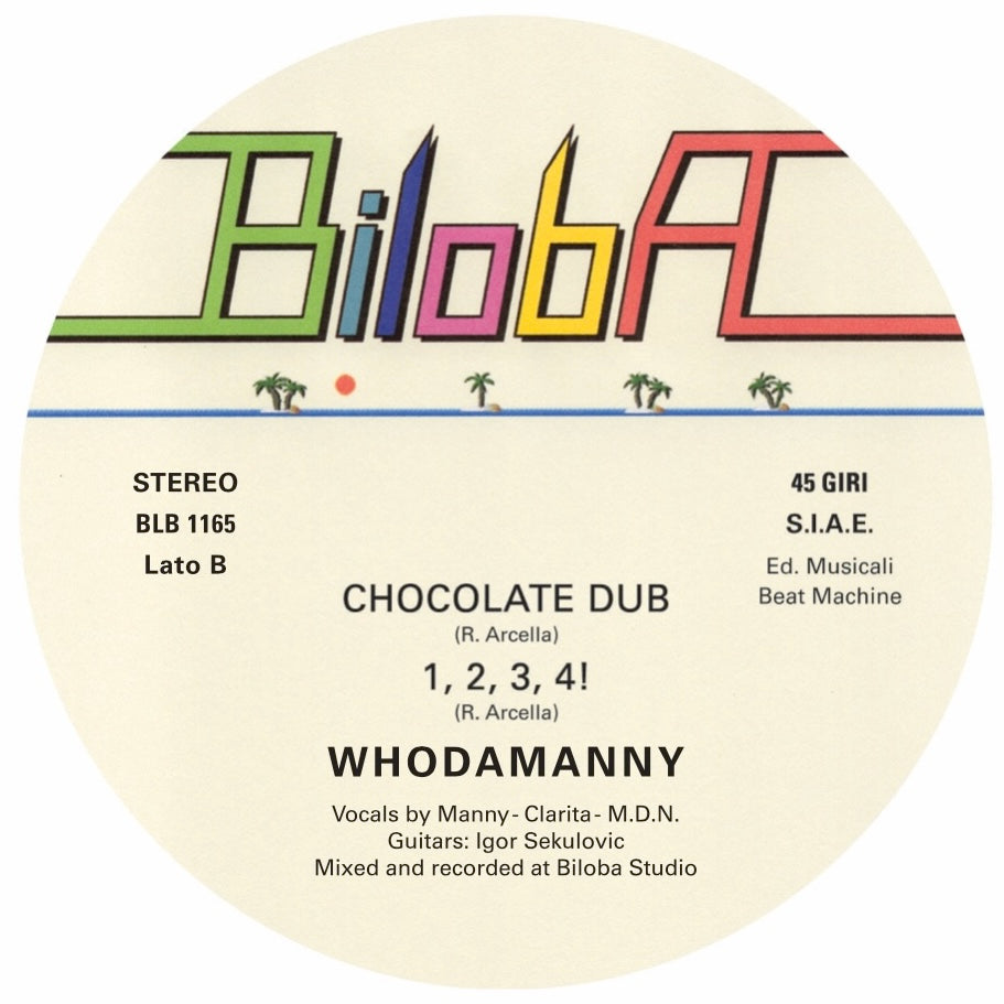 Lado B del vinilo Whodamanny – Vamos en Biloba, con “Chocolate Dub”, “1, 2, 3, 4!”, créditos y catálogo BLB 1165.