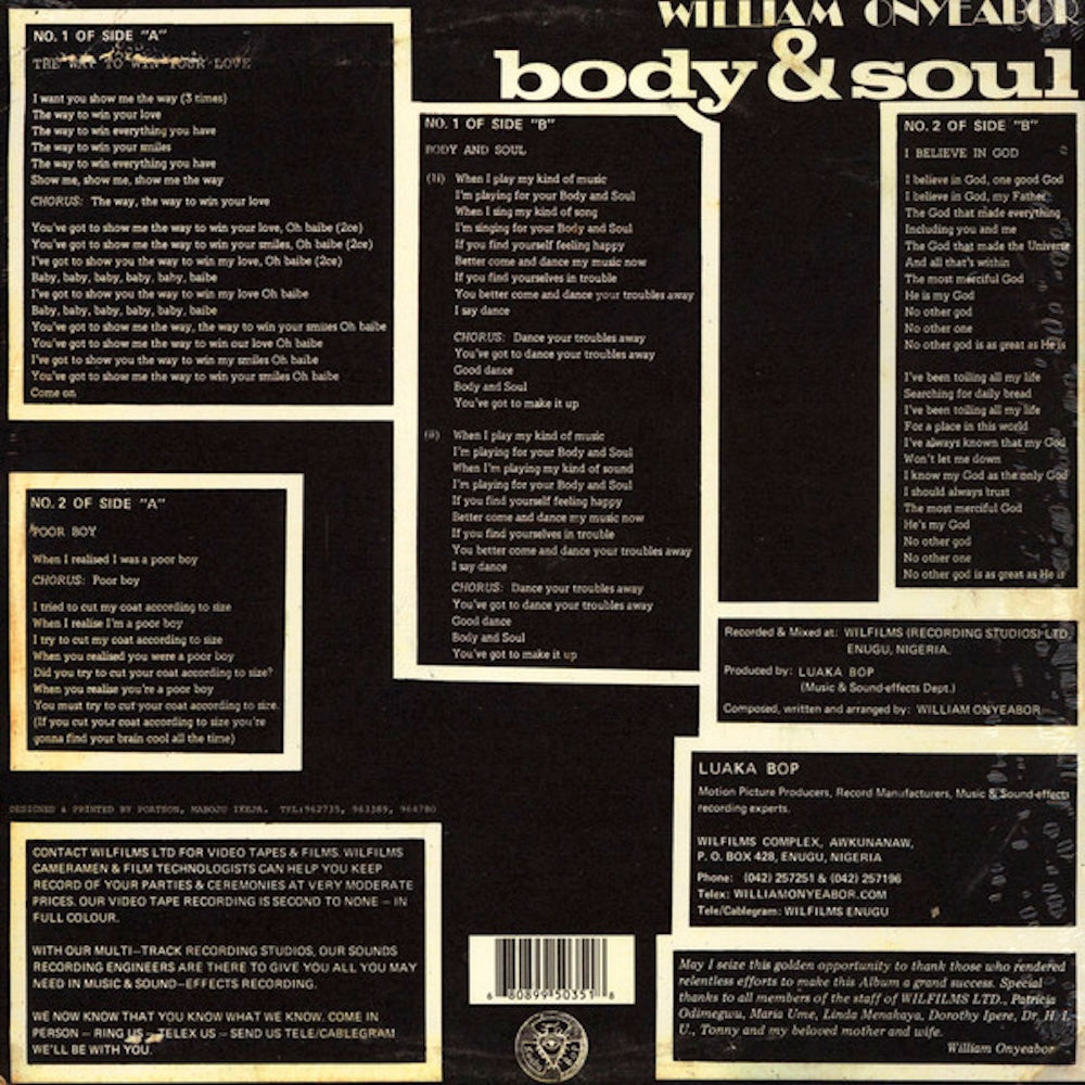Portada trasera del vinilo Body & Soul de William Onyeabor publicado por Luaka Bop. Texto impreso: créditos, letras y sello discográfico.