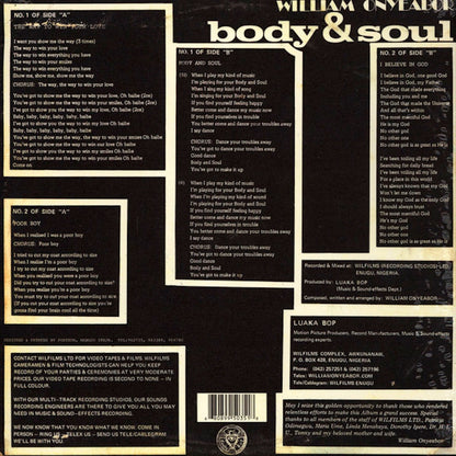 Portada trasera del vinilo Body & Soul de William Onyeabor publicado por Luaka Bop. Texto impreso: créditos, letras y sello discográfico.
