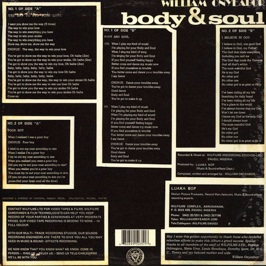 Portada trasera del vinilo Body & Soul de William Onyeabor publicado por Luaka Bop. Texto impreso: créditos, letras y sello discográfico.