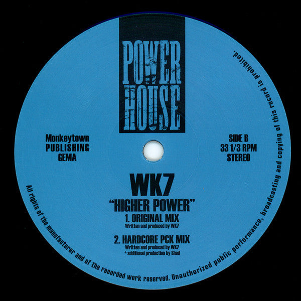Vinilo azul del disco WK7 – The Avalanche con la etiqueta del lado B de Power House y las mezclas de Higher Power a 33 1/3 RPM con créditos visibles.