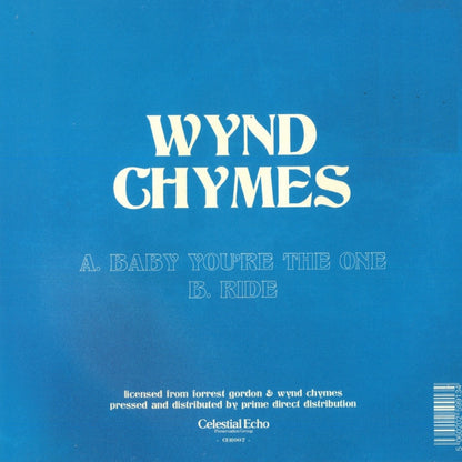 Contraportada del vinilo Wynd Chymes – Baby You're The One bajo Celestial Echo, formato reedición RSD. Texto impreso: "A. Baby You’re The One", "B. Ride", créditos de licencia y distribución.
