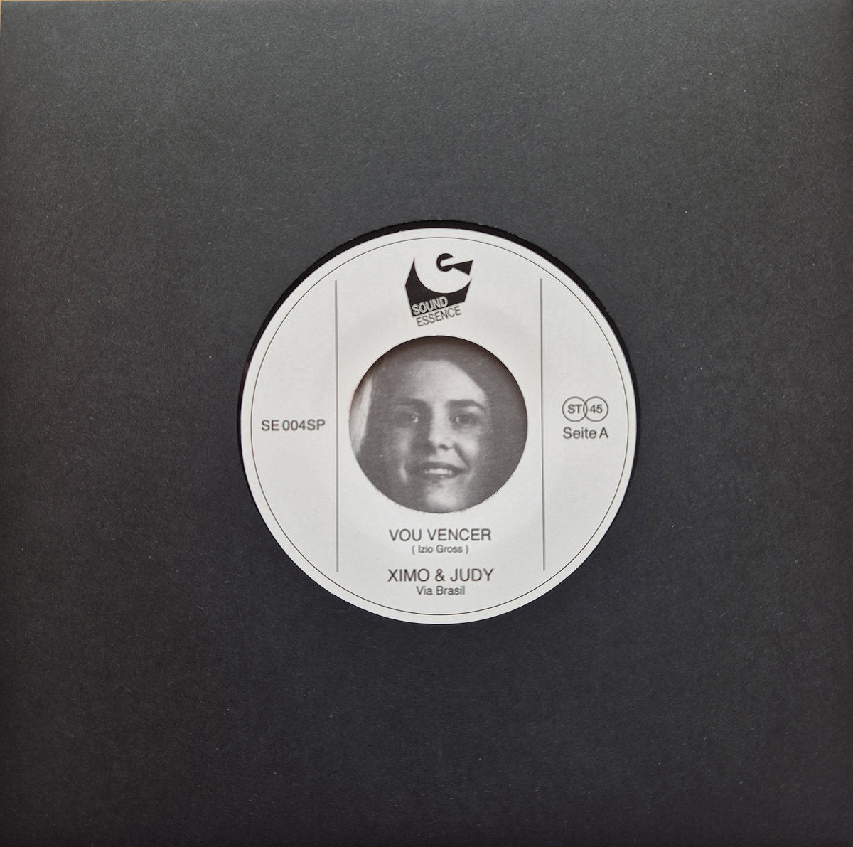 Etiqueta central lado A del vinilo Ximo & Judy – Via Brasil con el tema “Vou Vencer”, crédito a Izio Gross y logo de Sound Essence, formato 7" 45 RPM estéreo.