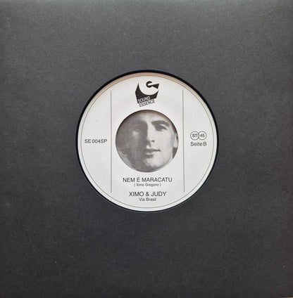 Etiqueta central lado B del vinilo Ximo & Judy – Via Brasil mostrando el tema “Nem é Maracatu”, composición de Ximo Gregorio y sello Sound Essence visible.